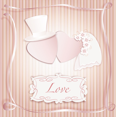 Romantic vintage style wedding invitation post card with heart couple as bride and groom and copy space for text. のイラスト素材