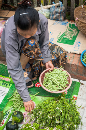 LUANG PRABANG, LAOS - DEC 8: Unidentified woman selling green grocery and spices at traditional asian food marketplace on Dec 8, 2013 in Luang Prabang, Laosのeditorial素材