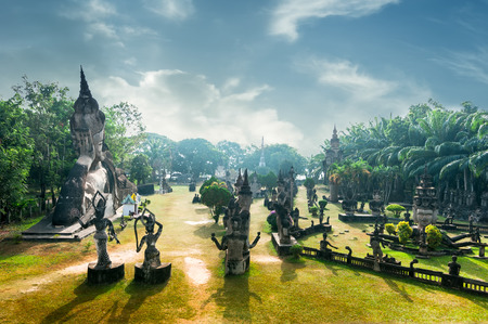 Amazing panorama view of mythology and religious statues at Wat Xieng Khuan Buddha park. Vientiane, Laosの写真素材
