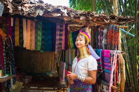 MAE HONG SON, THAILAND - DEC 4, 2013: Unidentified Karen (Kayan Lahwi Padaung) Long Neck woman with...
