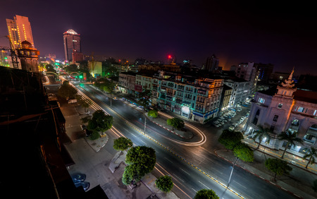 Night view of Yangon cityscape former capital of Myanmar (Burma)の写真素材