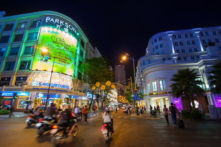 HO CHI MINH, VIETNAM - JAN 21, 2014: Scene of night life at Ho Chi Minh City (Saigon) the biggest city in Vietnam popular business center and modern tourist shoppingのeditorial素材