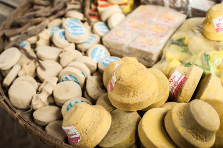 Thanaka wood powder, popular in Burma cosmetic mask for sale an marketの写真素材