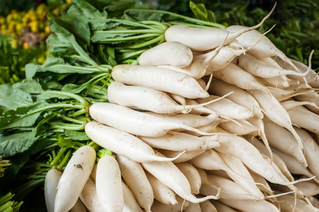 Organic local daikon radish vegetables for sale at outdoor asian marketplaceの写真素材