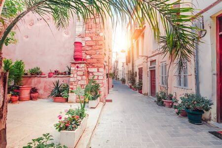 Amazing narrow streets of popular destination on Crete island. Sunny morning in Greece. Traditional...