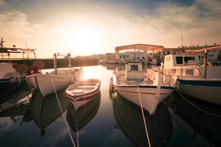 Panoramic view of Paros island popular tourist attraction, Naousa town. Promenade zone along port...