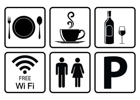 Useful icon for restaurant-Coffee icon,Alcohol allowed sign,Free WiFi sign,Washroom Sign,Vehicle Park Signのイラスト素材