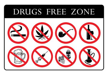 Drugs Free  Zone Board.No Drugs Prohibition Sign collection.No Smoking,No Marijuana,No tobacco pipe,No alcohol,No Beer,No pills sign,No Hookah icons collection drawing by illustrationのイラスト素材