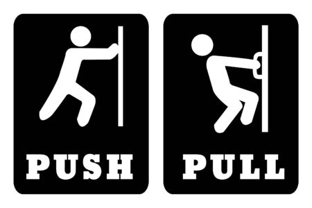 Push and Pull door sign on black background.white Push door sign and White pull door sign on black background drawing by illustrationのイラスト素材