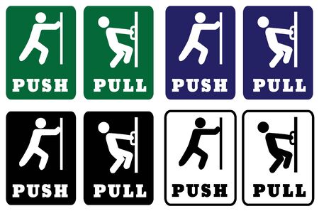 Push Pull Door sign collection.Push Pull Door signs using green,blue,black and white colors for Backgroundのイラスト素材