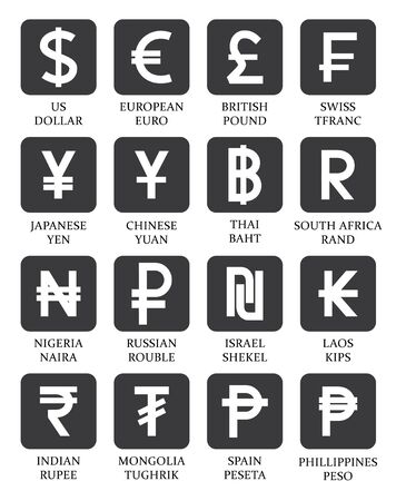 Most popular currency symbols with country name. Most popular sixteen currency symbols with country nameのイラスト素材
