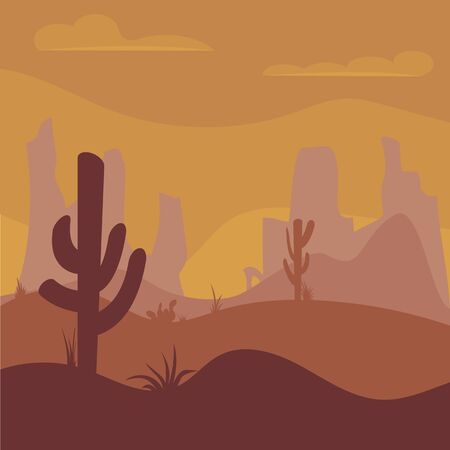 Cactuse and mountains in desert landscape, sunset in cannon. Flat cartoon illustration. Background scene with stones and sand. Vector.のイラスト素材