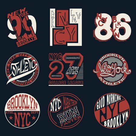 New York City Typography Graphics  set, T-shirt Printing Design; NYC original wear, Vintage Print for sportswear apparel.のイラスト素材