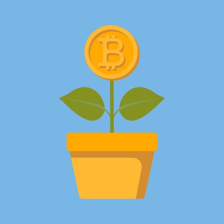 The concept of bitcoin growth. A plant with a growing bitcoin. Blockchain. Flat style. Vector image.のイラスト素材