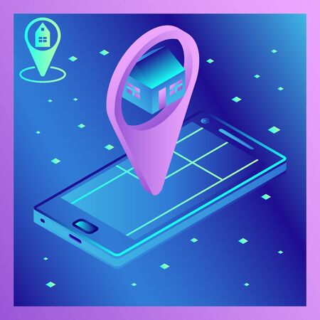 Vector isometric image of a smartphone with navigation application. Application guide. Route map with location and home symbol. The concept of a search engineのイラスト素材