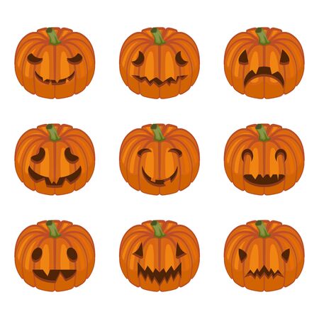 Halloween pumpkin faces. Pumpkin characters. Sad, creepy, angry, funny faces. Vector set in cartoon style.のイラスト素材