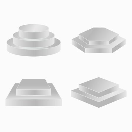 A set of mock-ups of podiums of different gometric shapes. Circle, rhombus, square and pentagon. Podium for the presentation of goods. Vector image.のイラスト素材