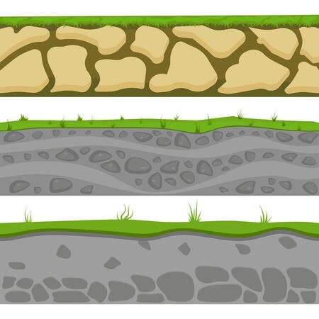 Soil seamless layers. Layer of soil with grass and stones. The texture of the cut soil. Vector graphics.のイラスト素材
