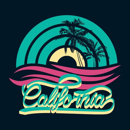 Surf t-shirt design. California sport wear emblem. Surfing paradise. Creative design. Vector illustration.のイラスト素材