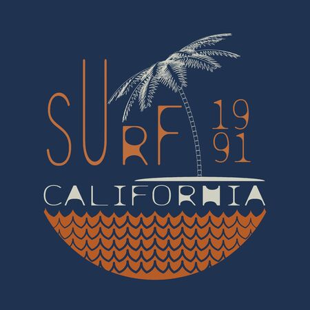 T-shirt with surf theme. Summer theme. California. Emblem and print for printing on T-shirts, posters, stickers, cards, etc. Vector image.のイラスト素材