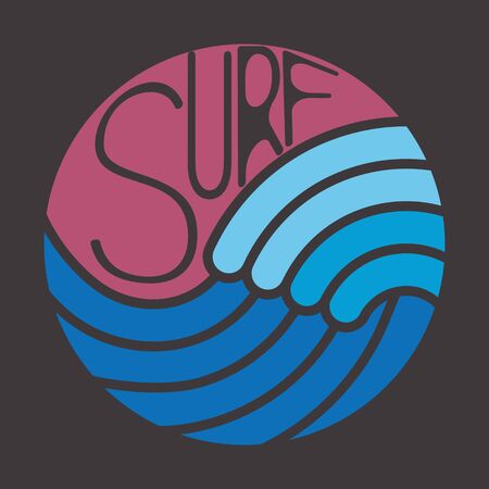 T-shirt with surf theme. Summer theme. Emblem and print for printing on T-shirts, posters, stickers, cards, etc. Vector image.のイラスト素材