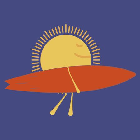 T-shirt with surf theme. Summer theme.; Cartoon style. The sun comes with a surfboard. Emblem and print for printing on T-shirts; posters; stickers; cards; etc. Vector image.のイラスト素材