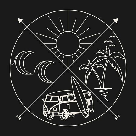 Design t-shirts. Summer adventures. Surf theme. Sea, waves, palm trees, beach. Fully editable vector image.のイラスト素材