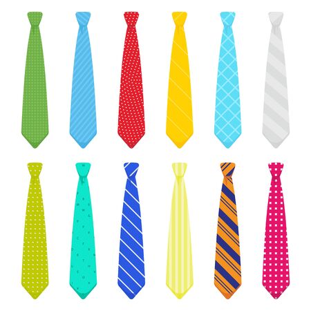 Men ties. Necktie collection in flat style. Menswear decorative elegant accessory. Vector.のイラスト素材