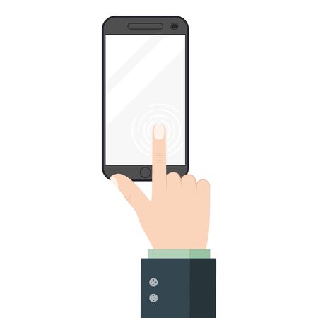 Finger touch screen, top view, mobile phone display with hand, press the button. Vector.のイラスト素材