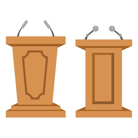 Conference speech tribune. Podium for public presenting. Debate stage. Stage stand with microphones. Vector.のイラスト素材