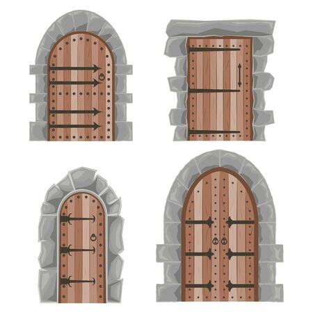 Medieval doors. Steel and wooden gates. Antique exterior. Vector.のイラスト素材