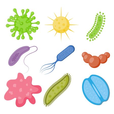 Viruses and microbes. Bacteria and microbe organism, allergen. Pandemic virus. Vector.のイラスト素材
