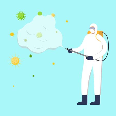 Medical worker with full full protective. Equipment getting rid of coronavirus. Spraying disinfectant. Vector.のイラスト素材