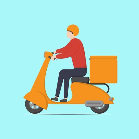 Courier on a scooter with a cargo. Delivery service worker. Transportation concept.Vector flat illustration.のイラスト素材