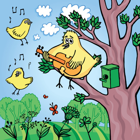 Postcard with a funny sparrow playing a guitar. Bright summer illustration in vectorのイラスト素材