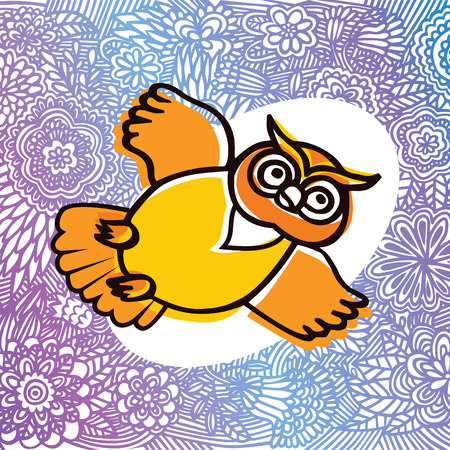 Ð¡artoon owl on a purple background with flowers. Bright vector illustrationのイラスト素材