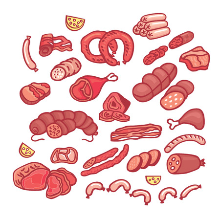 Funny hand drawn illustration of different types of meat in cartoon style. Doodle sketches of sausages, wurst, ham and bacon on white background in vectorのイラスト素材