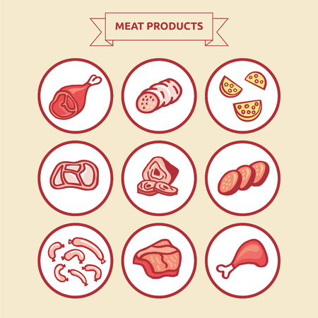 Set of isolated images of different types of meat. Doodle sketches with sausages and wurst in cartoon style. Perfect icons for corporate identity of food productsのイラスト素材