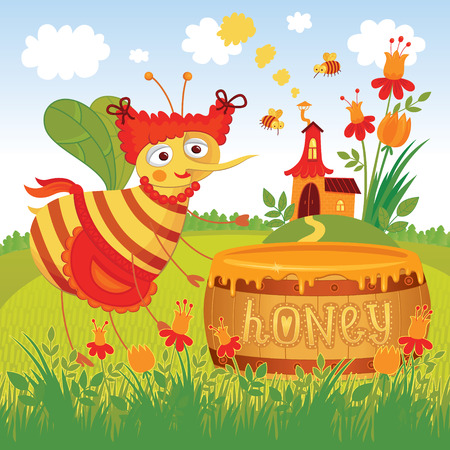 Dreamlike tiny bee house in the middle of the summer field with flowers. Natural honey healthy food production. Honey bee house apiaryのイラスト素材