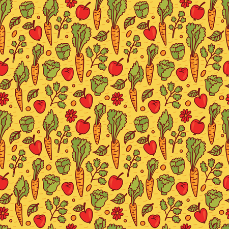 Cute vector background with fruits, vegetables, flowers and leaves: carrot, cabbage, parsley, apple. Perfect design concept for vegetarian cafe or natural food shopのイラスト素材