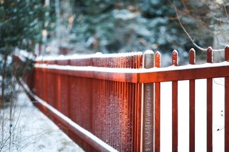 Wooden fence in winterの写真素材