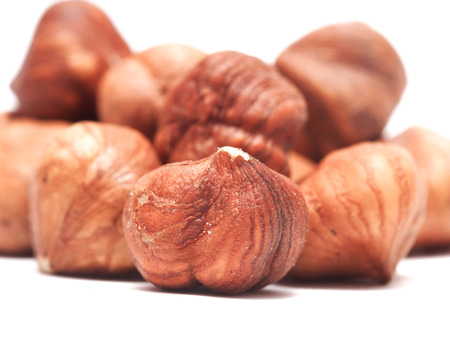 Close up of hazelnuts on a white の写真素材