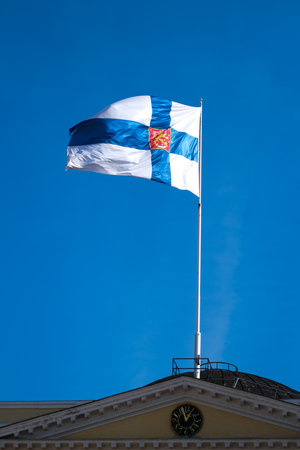 The  flag of Finland with a blue skyの写真素材