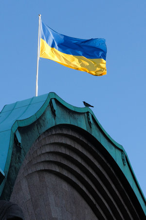 Flag of the Ukraine on a roofの写真素材