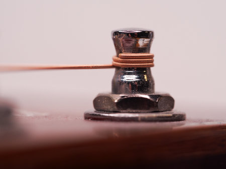 Detail of a fastened guitar string on a skrew