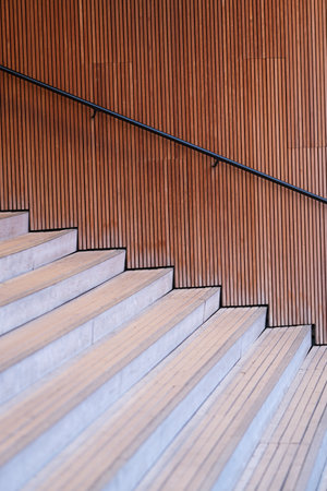 Wooden stairs and a wooden wallの写真素材