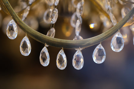 Transparent crystals on a chandelierの写真素材