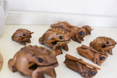 Wooden frog and grasshopper instrumentsの写真素材