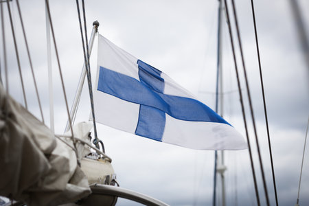 Finnish flag on a sailing vesselの写真素材