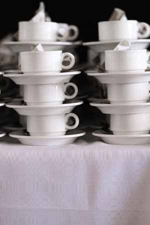 Stacks of white coffee cupsの写真素材